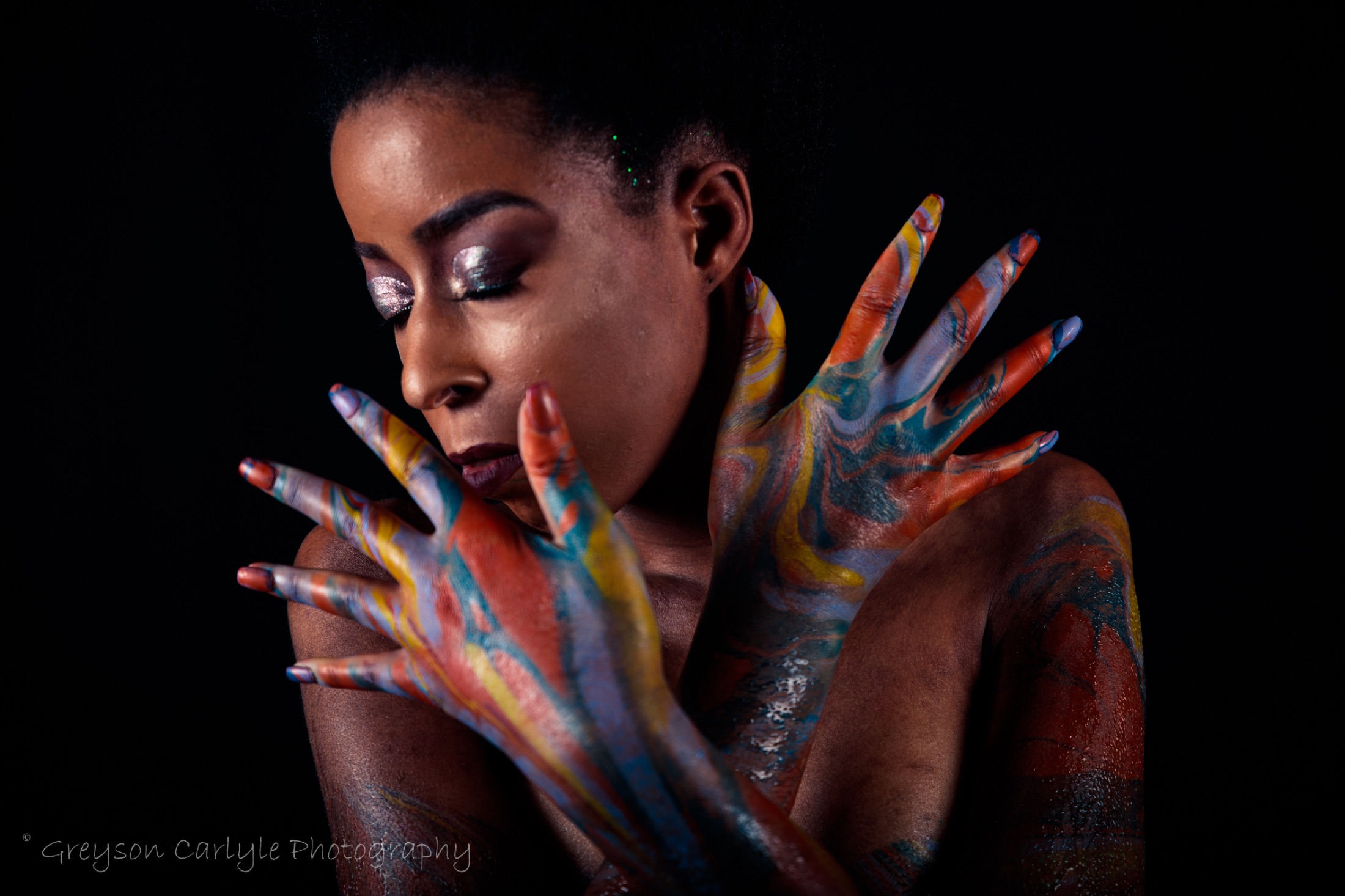 Portrait with Ebru marbling painted on the body
